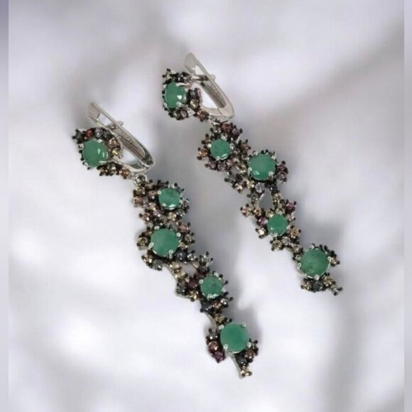 925 Sterling Silver Earrings 4.5cm with Natural Emerald 4mm & Sapphire Gemstone. - Picture 7 of 10